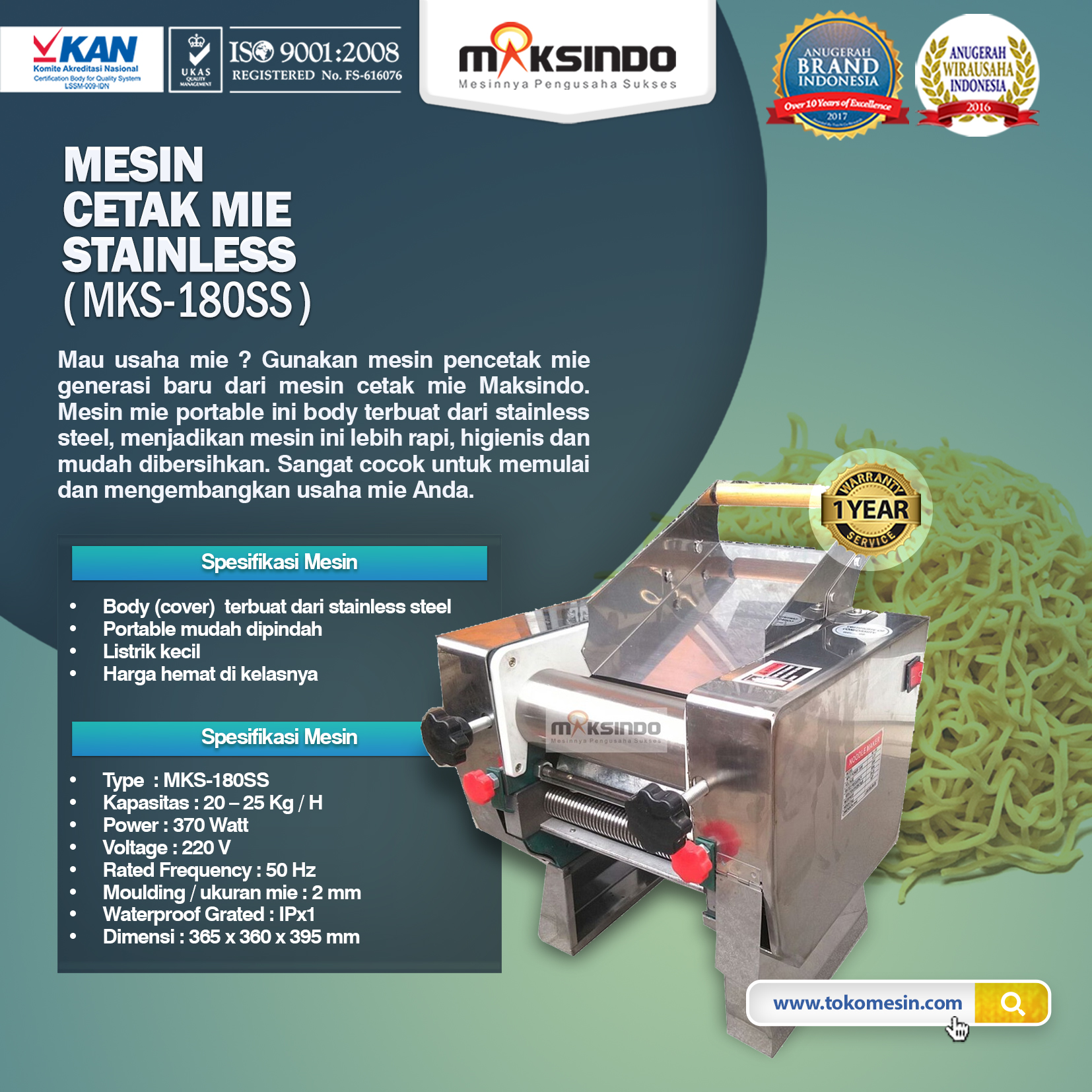 Jual Mesin Cetak Mie Stainless (MKS-180SS) di Surabaya 